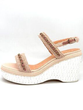 CHANEL 20C Tweed Leather Chain CC Raffia Platform Wedge Heel Sandals